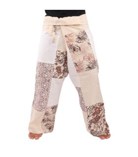 Pantalones de pescador tailandés patchwork talla M crema