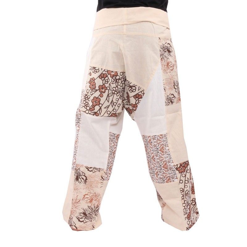 Pantalones de pescador tailandés patchwork talla M crema