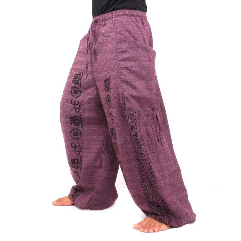 harem pants meditation pants Om Dharmachakra feet Buddhas cotton purple