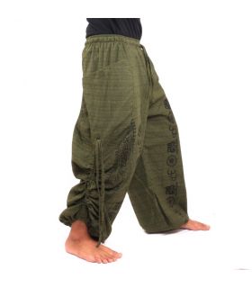 pantalon de harem pantalon de méditation Om Dharmachakra pieds Bouddhas coton vert olive