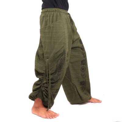 harem pants meditation pants Om Dharmachakra feet Buddhas cotton olive green