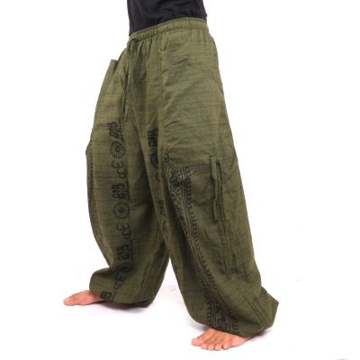 harem pants meditation pants Om Dharmachakra feet Buddhas cotton olive green