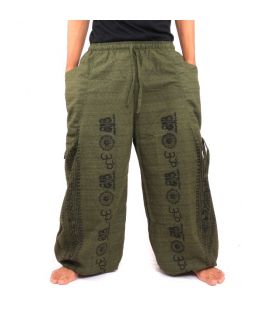 Haremshose Meditationshose Om Dharmachakra Füße Buddhas Baumwolle olivgrün