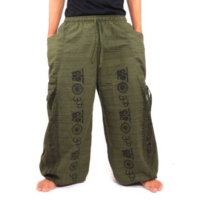 Haremshose Meditationshose Om Dharmachakra Füße Buddhas Baumwolle olivgrün