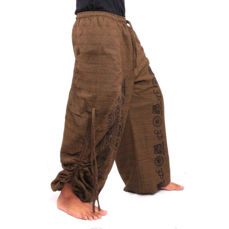 Pantalones de harén pantalones de meditación Om Dharmachakra pies Budas de algodón marrón
