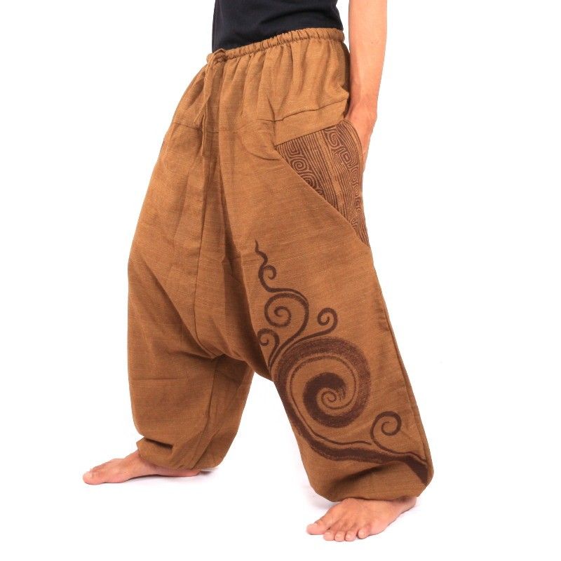 Aladinhose mit Spiral Schnörkel Spiral Design bedruckt khaki Baumwolle