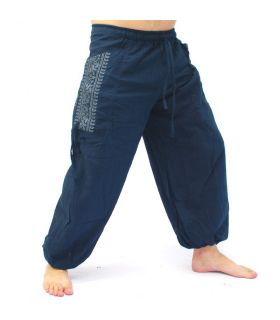 Pantalón hippie tailandés para atar aplicación etno de algodón grueso