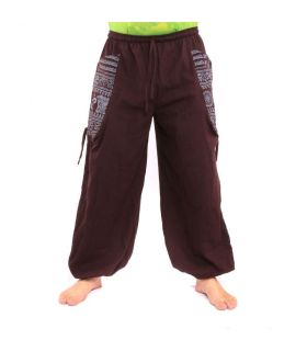 Thai Hose Om Goa Floral Print aus schwerer Baumwolle dunkel braun