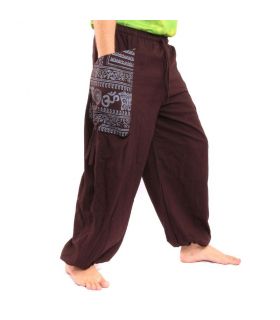 pantalones tailandeses OM Goa impresión floral del algodón grueso de color marrón oscuro