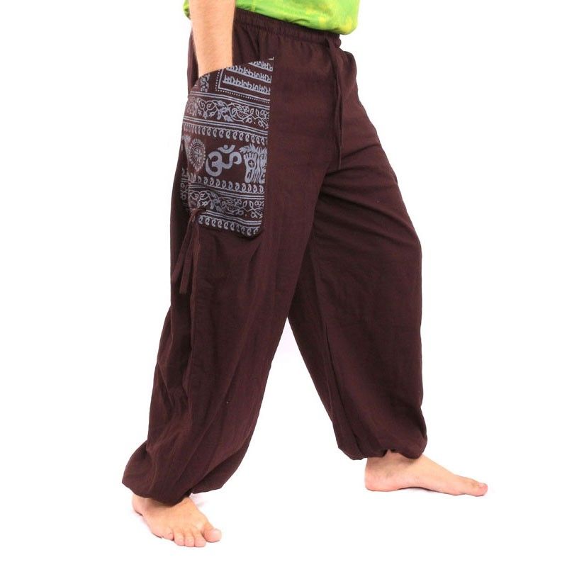 Thai Trousers Om Goa Floral print made of heavy cotton dark brown
