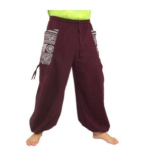 Pantalón hippie tailandés para atar aplicación etno de algodón grueso