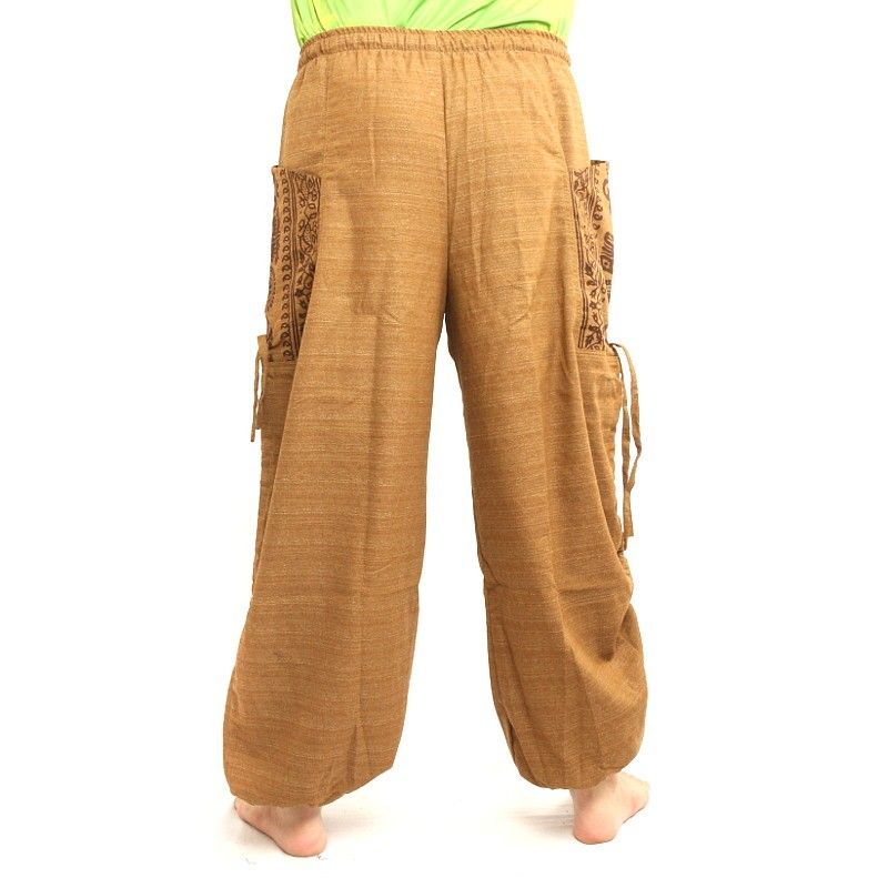 Pantalón hippie tailandés para atar aplicación etno de algodón grueso