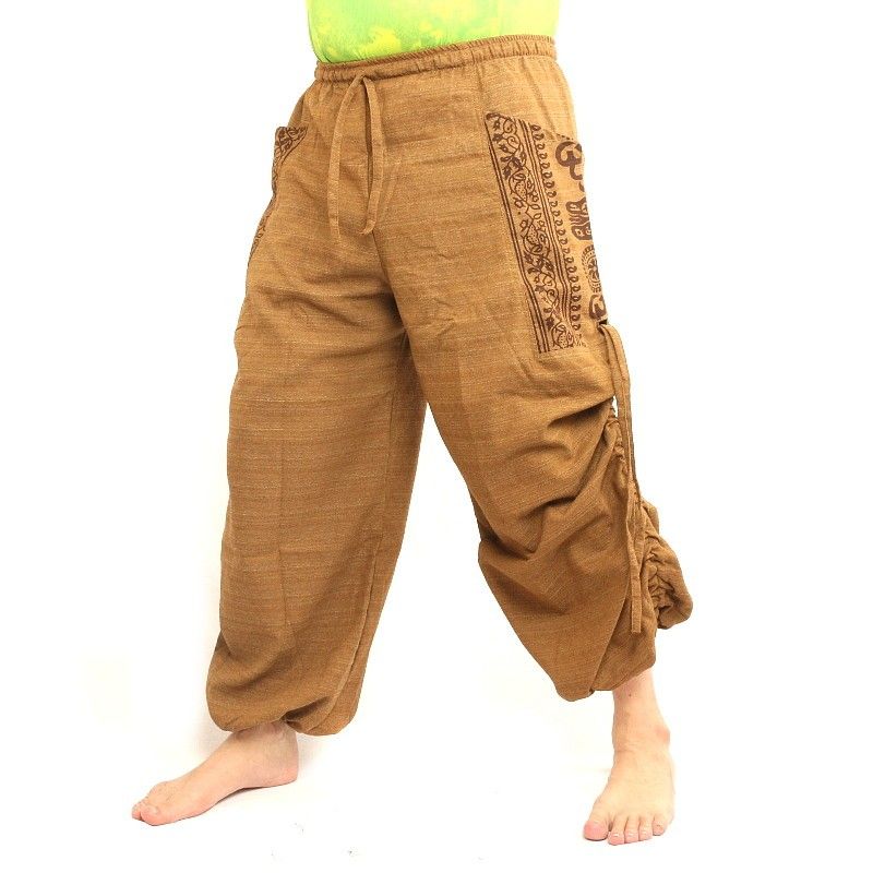 Pantalón hippie tailandés para atar aplicación etno de algodón grueso