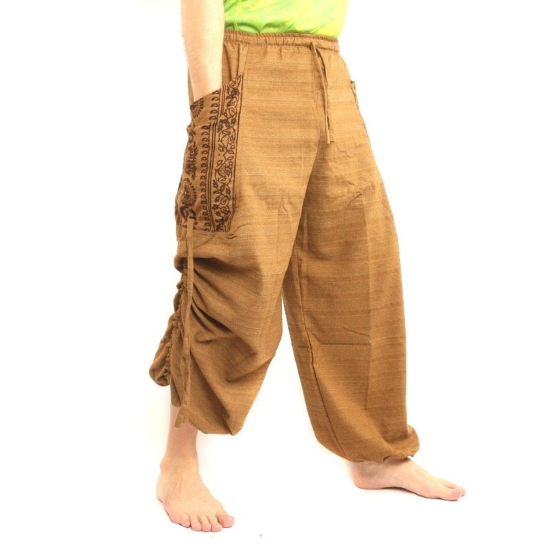 Pantalón hippie tailandés para atar aplicación etno de algodón grueso