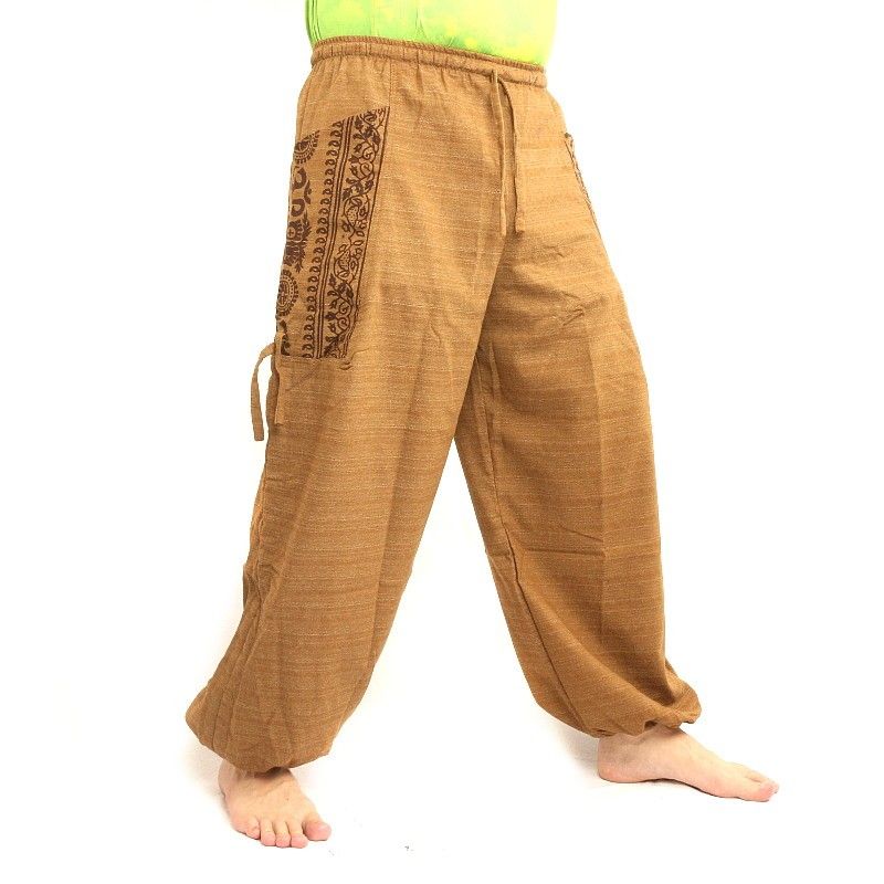 Pantalón hippie tailandés para atar aplicación etno de algodón grueso