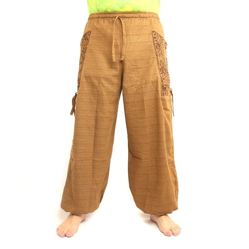 Pantalón hippie tailandés para atar aplicación etno de algodón grueso