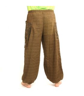 Pantalón hippie tailandés para atar aplicación etno de algodón grueso