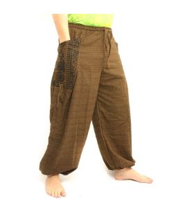 Pantalón hippie tailandés para atar aplicación etno de algodón grueso