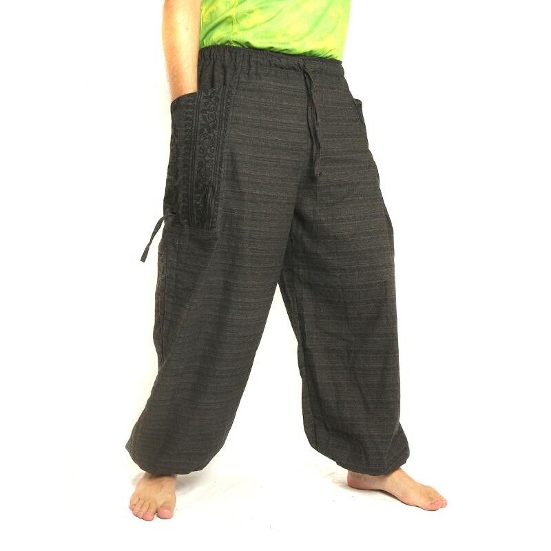 Pantalones de meditación Pantalones harén bolsillos laterales grandes Pies Om Dharmachakra algodón antracita de Buda