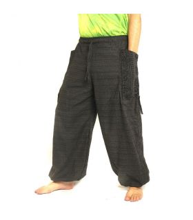Pantalones de meditación Pantalones harén bolsillos laterales grandes Pies Om Dharmachakra algodón antracita de Buda