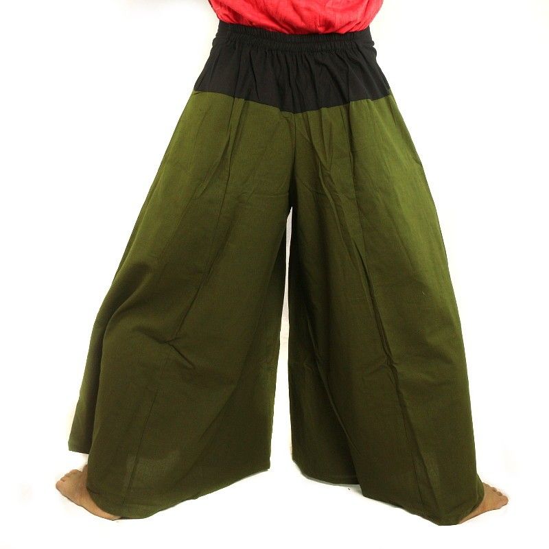 Pantalones de samurai de algodón verde oliva oscuro