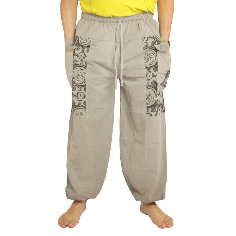 Pantalon Thai en coton gris - Imprimer Ethno