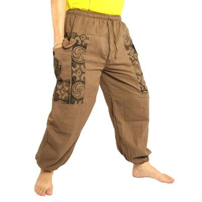 Thai Hose dunkles khaki Baumwolle - Ethno Druck