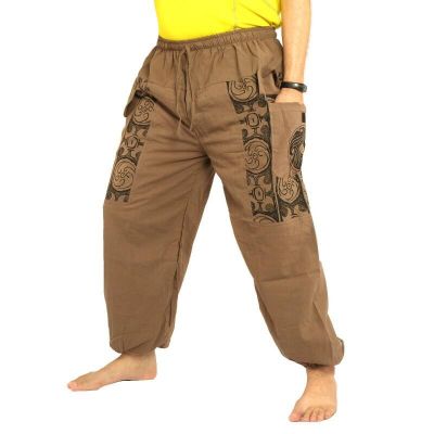 Thai Hose dunkles khaki Baumwolle - Ethno Druck