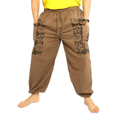 Thai Hose dunkles khaki Baumwolle - Ethno Druck
