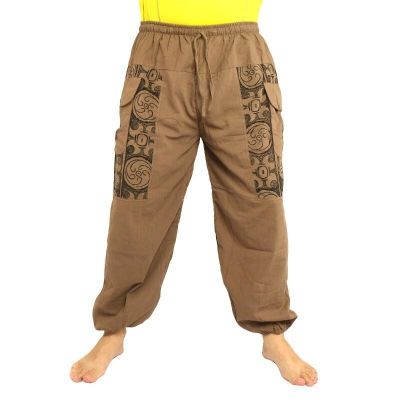 Thai Hose dunkles khaki Baumwolle - Ethno Druck