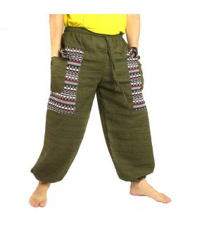 Thai trousers Cottonmix with fabric application olive green