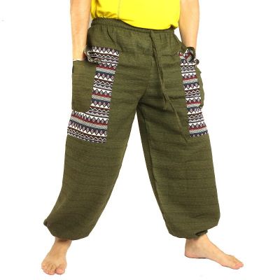 Thai Hose Cottonmix mit Stoff Applikation oliv grün