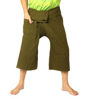 Pantalon court de pêcheur thaïlandais en coton épais - vert olive