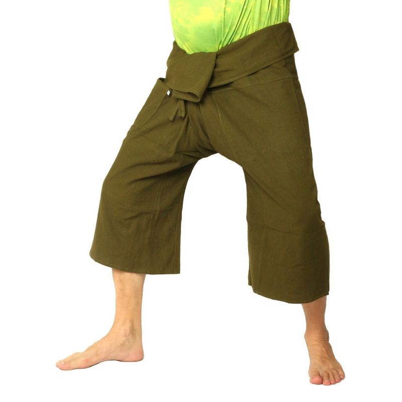 Short Thai fisherman pants heavy cotton - olive green