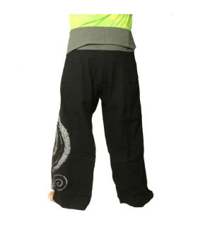 Pantalon de pêcheur thaïlandais extra long - noir avec impression en spirale - coton
