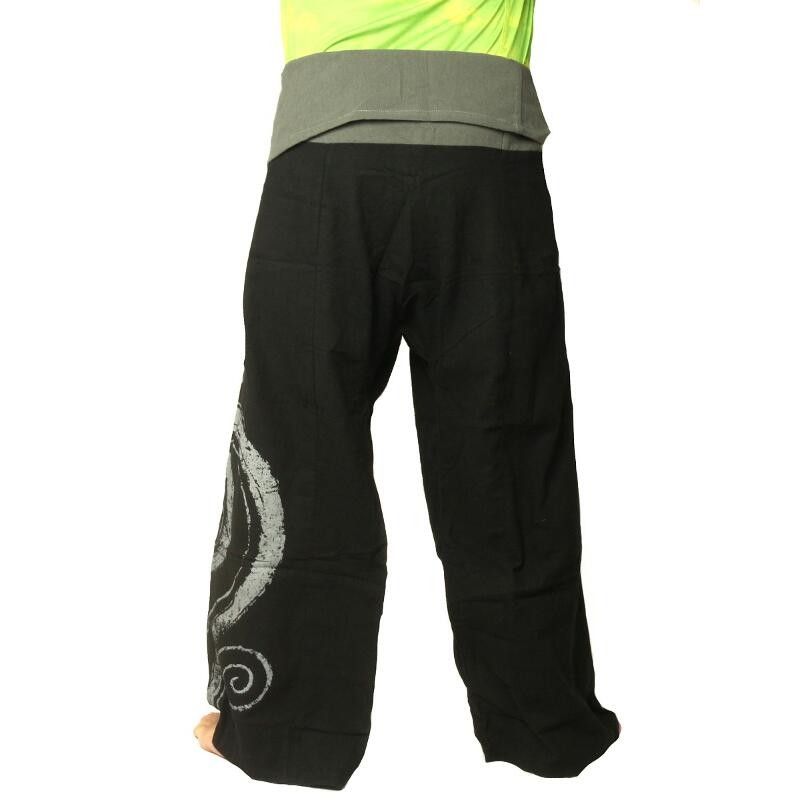 Thai Fischerhose  extra lang - schwarz mit Spiral Aufdruck- Baumwolle