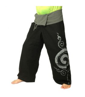 Pantalon de pêcheur thaïlandais extra long - noir avec impression en spirale - coton