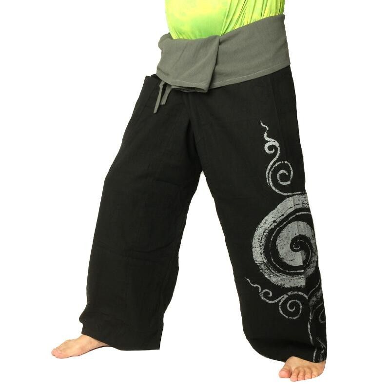 Thai Fischerhose  extra lang - schwarz mit Spiral Aufdruck- Baumwolle
