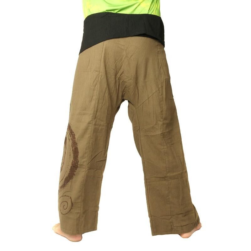 Thai Fisherman Pants extra lang - dunkles khaki Spiral Aufdruck- Baumwolle