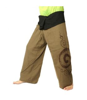 Pantalon pêcheur thaï extra long - couleur kaki foncé spirale comme le coton imprimé