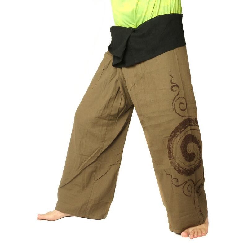 Thai Fisherman Pants extra lang - dunkles khaki Spiral Aufdruck- Baumwolle