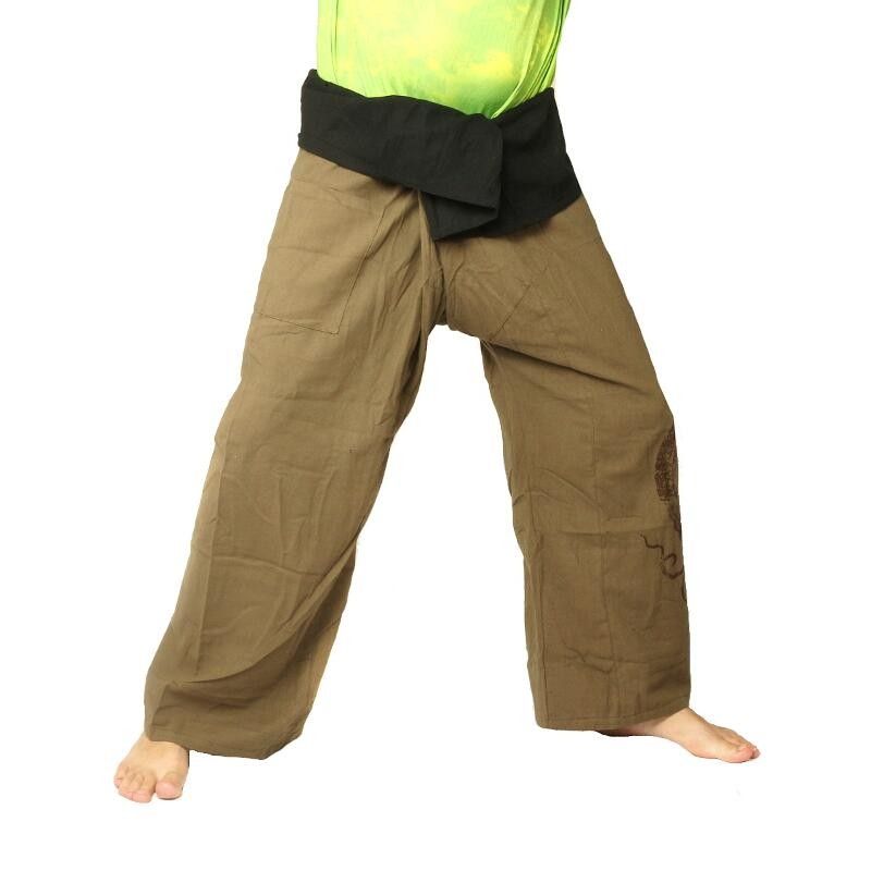Thai Fisherman Pants extra lang - dunkles khaki Spiral Aufdruck- Baumwolle