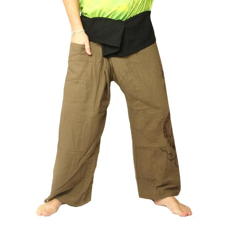 Thai Fisherman Pants extra lang - dunkles khaki Spiral Aufdruck- Baumwolle