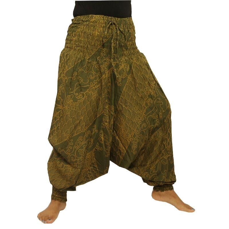 Harem pants Jumpsuit Viscose oriental wave pattern green