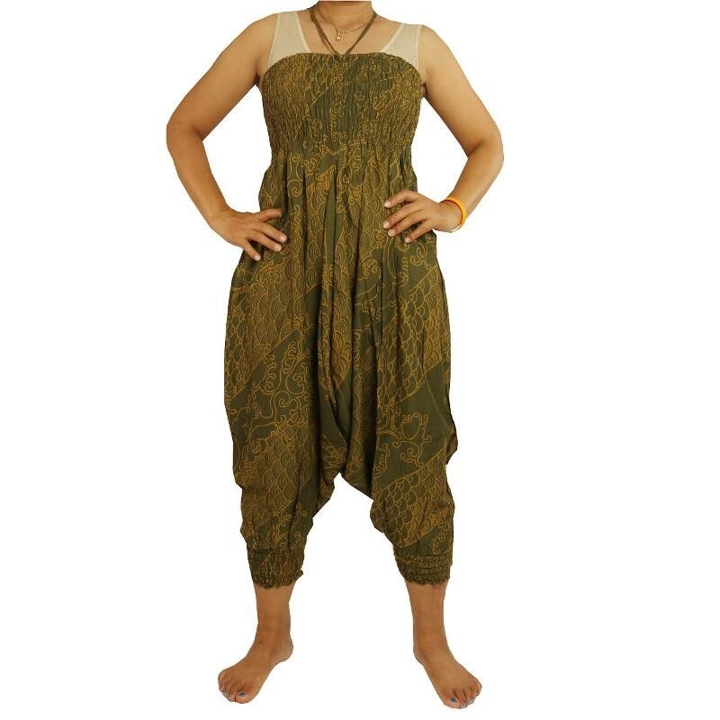 Harem pants jumpsuit viscose oriental wave pattern green