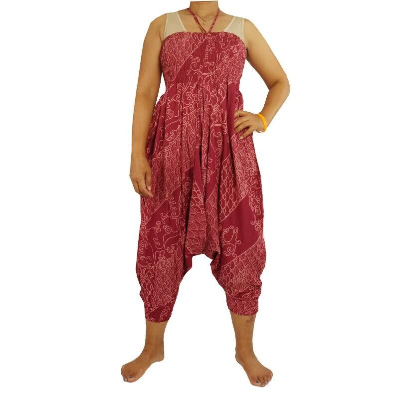 Haremshose Jumpsuit Viskose orientalisches Wellenmuster rot