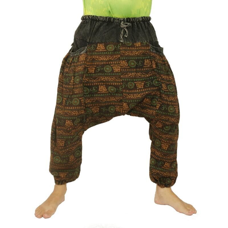 Thai Aladinhose Om Goa Muster bedruckt Baumwolle schwarz, braun, grün