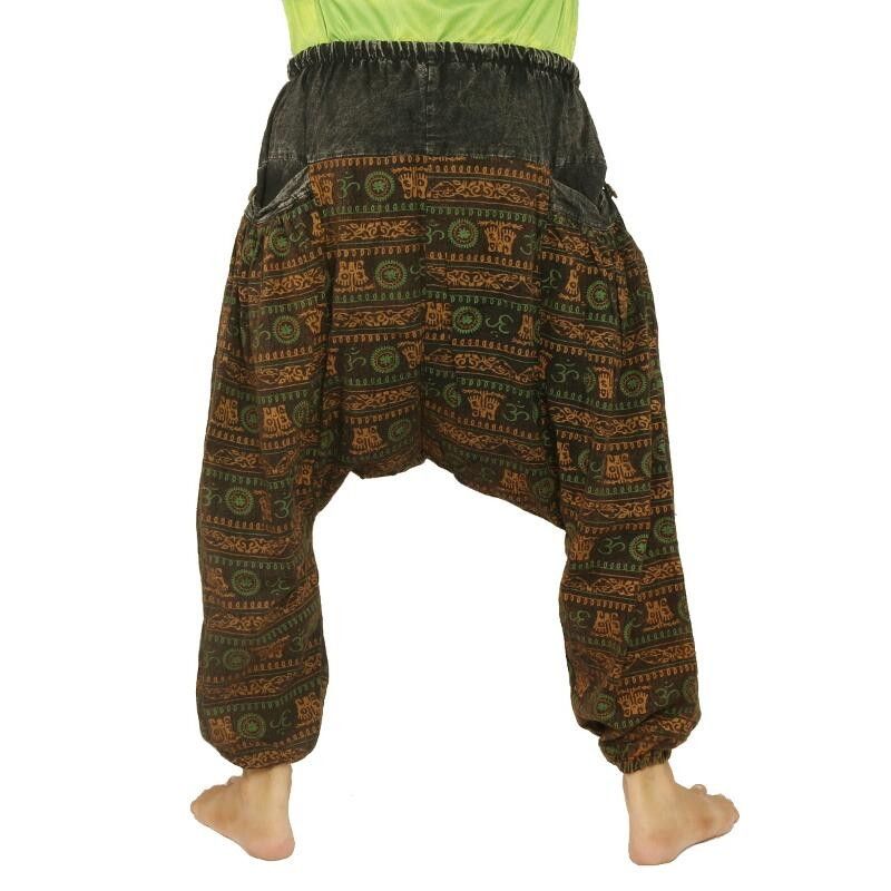 Thai Aladinhose Om Goa Muster bedruckt Baumwolle schwarz, braun, grün