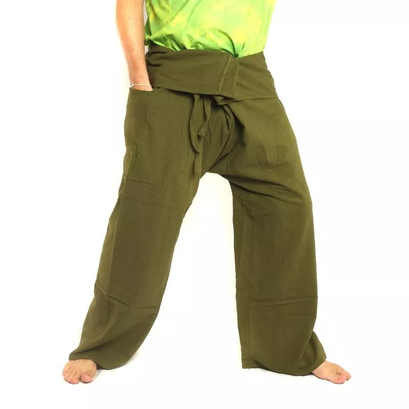 Pantalon de pêcheur thaïlandais - vert olive - coton extra long