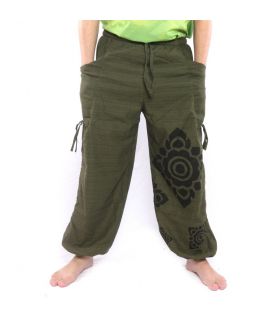 Pantalones harén de corte alto adorno de flor verde